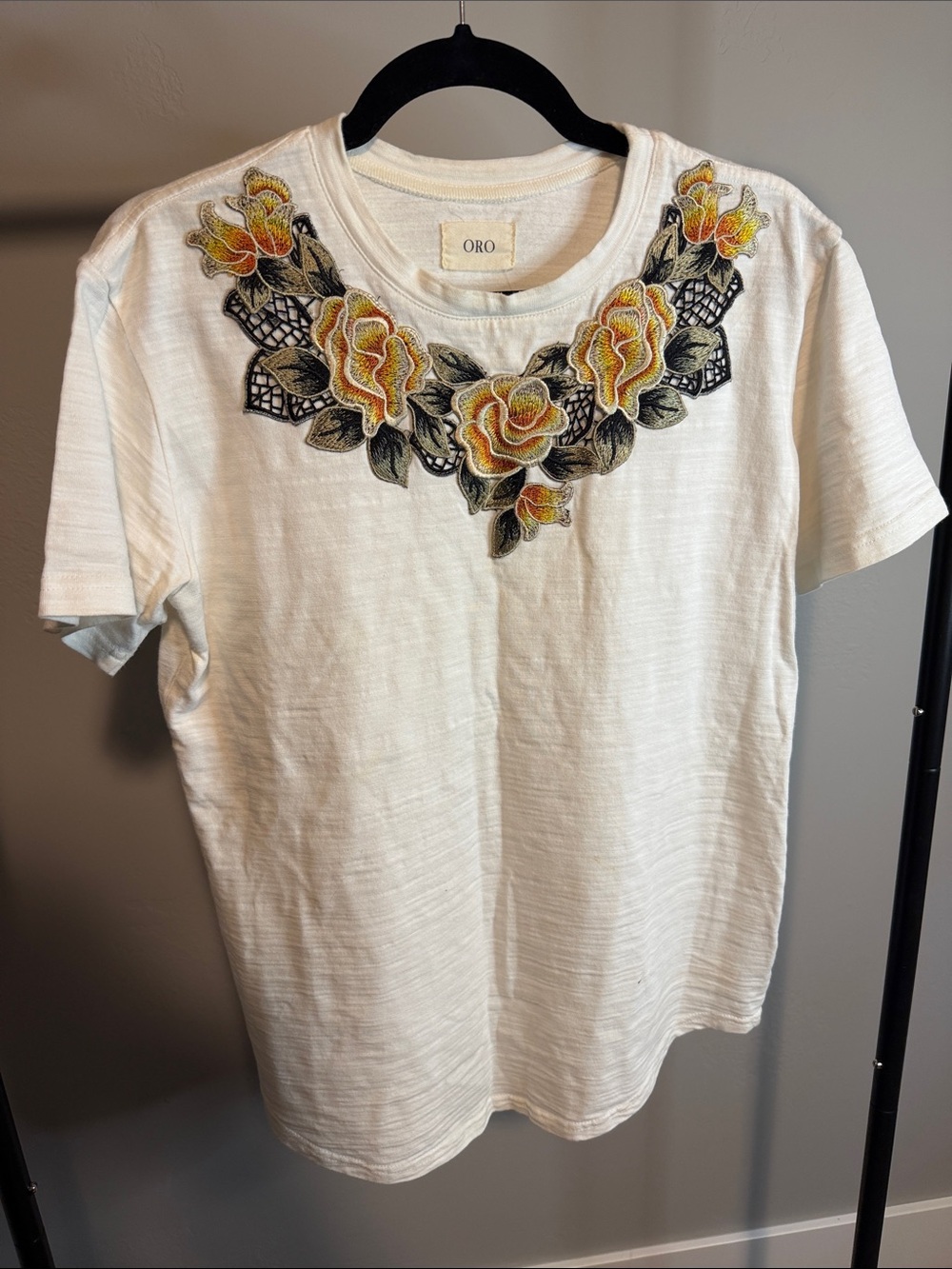 White Short-Sleeve Tee with Yellow Rose Embroidery